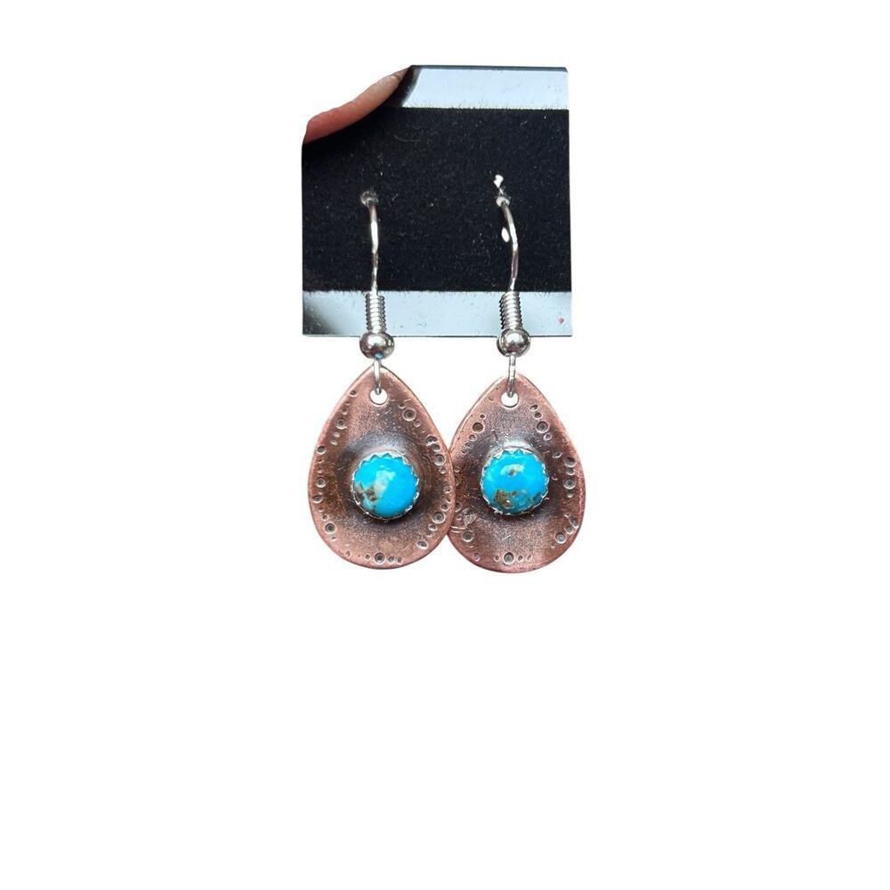 Copper Tear Drop - Sterling Silver Kingman Turquoise Dangle Earrings Hand Made